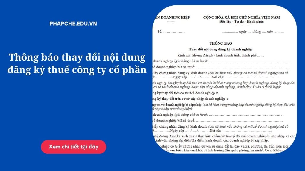 Thông báo thay đổi nội dung đăng ký thuế công ty cổ phần