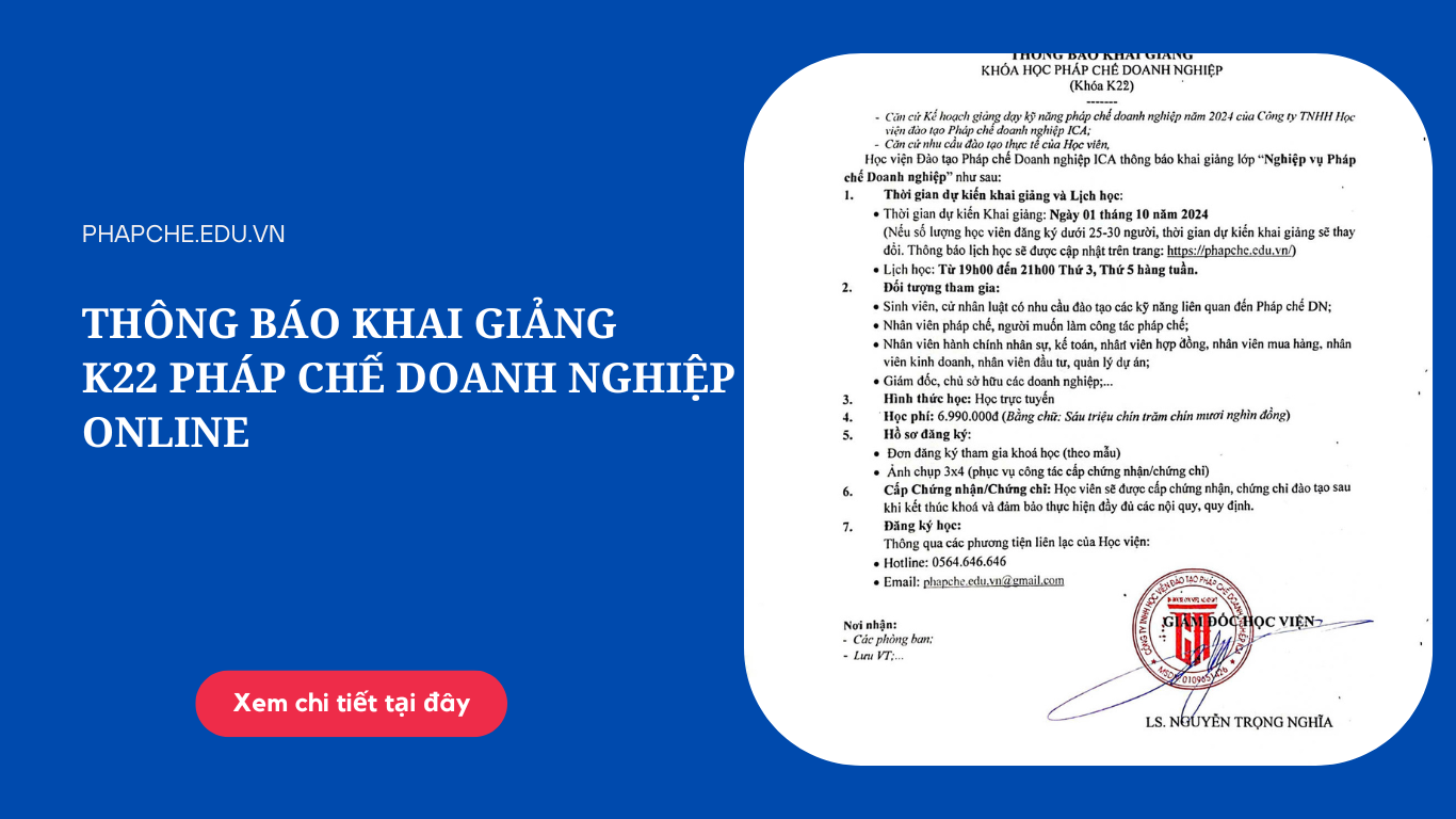 THÔNG BÁO KHAI GIẢNG K22 PHÁP CHẾ DOANH NGHIỆP ONLINE